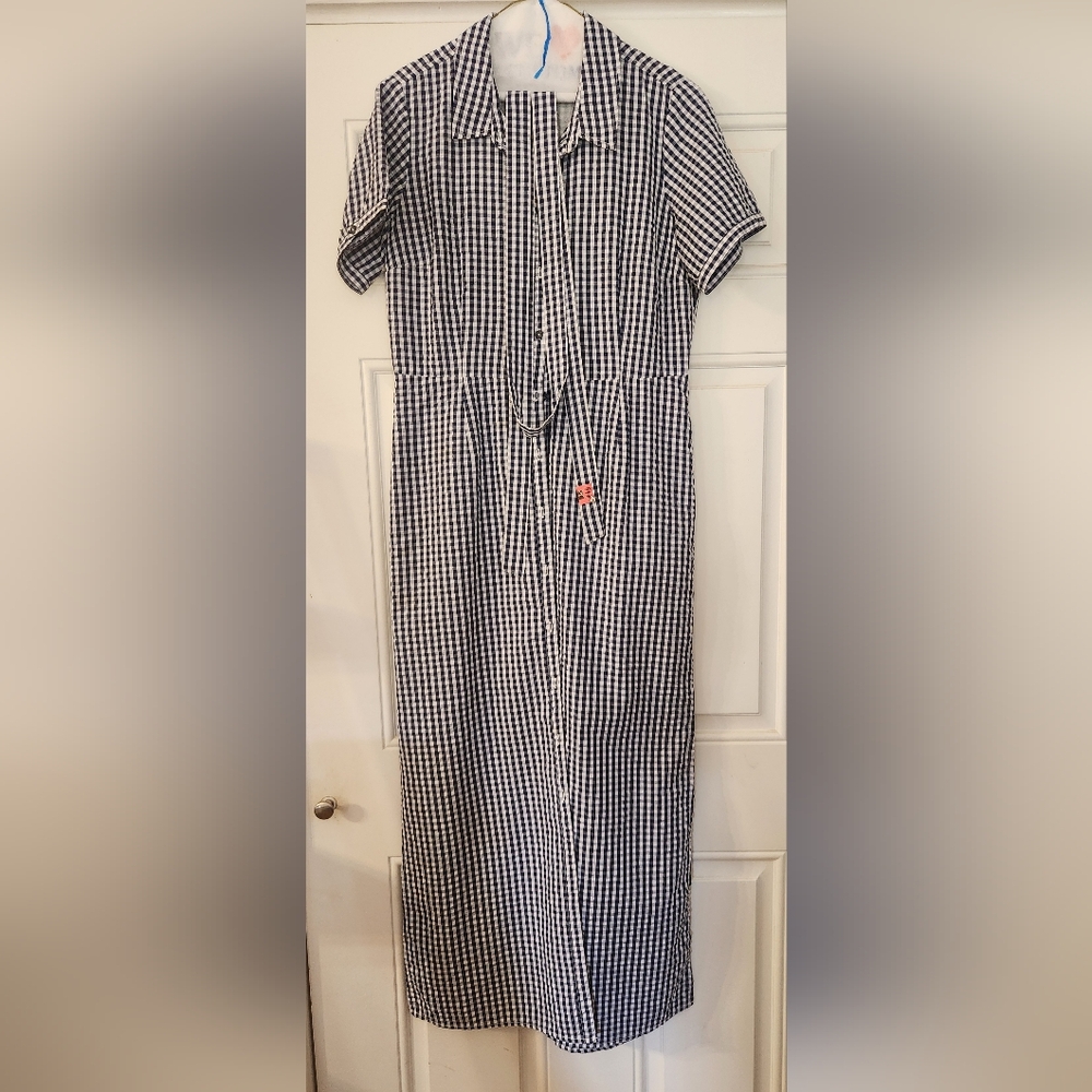 Navy And White Gingham Seersucker Maxi Dress With Belt
